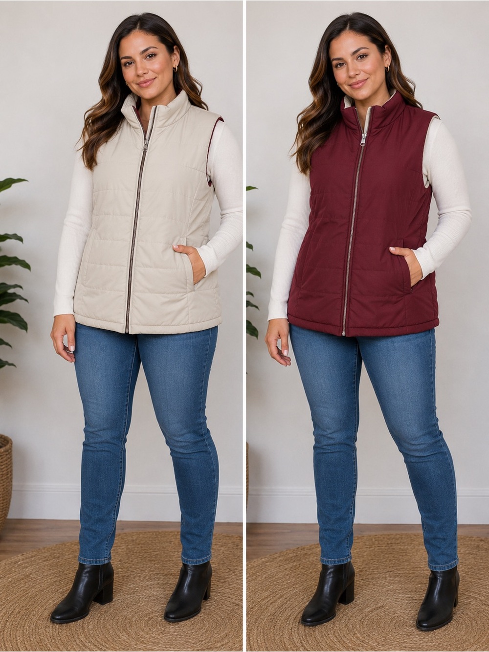 Reversible Quilted Puffer Vest | Beige & Burgundy | Zip Front | Women’s Medium